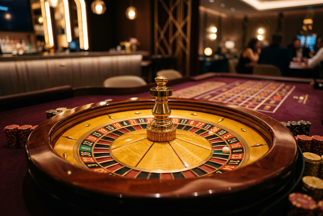 Elegantná kasínová ruleta so zlatistým osvetlením v modernom prostredí