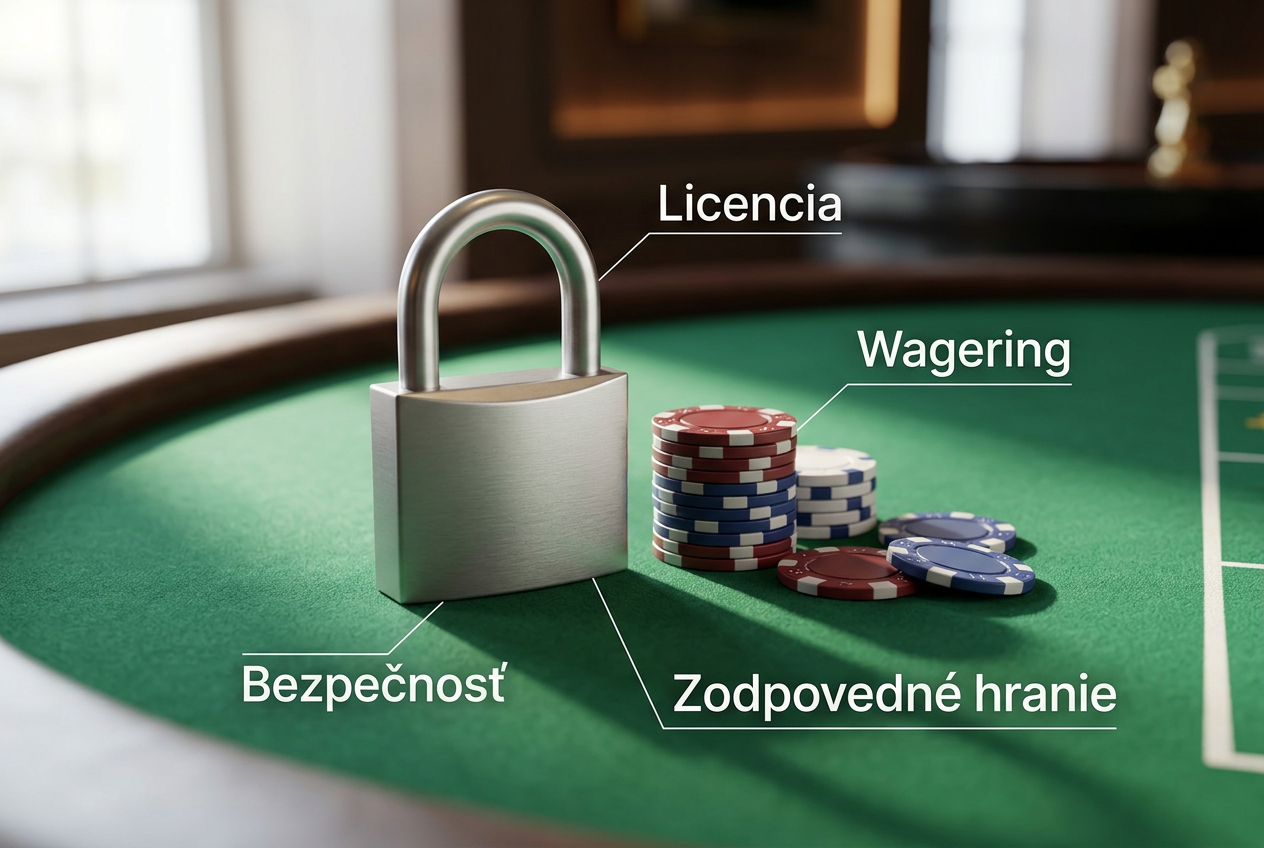 Infografika o bezpečnosti a pravidlách kasínových bonusov so zámkom a žetónmi